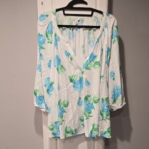 crown & ivy White Blouse with Blue and Green Floral Design